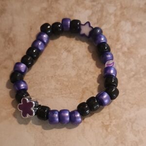 Purple and Black Beaded Bracelet with Flower Charm Homemade Kandi Single
